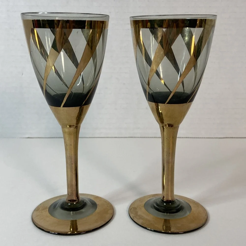 Mid Century Modern Gold Tone & Smoked Glass Flute Glasses 5.75